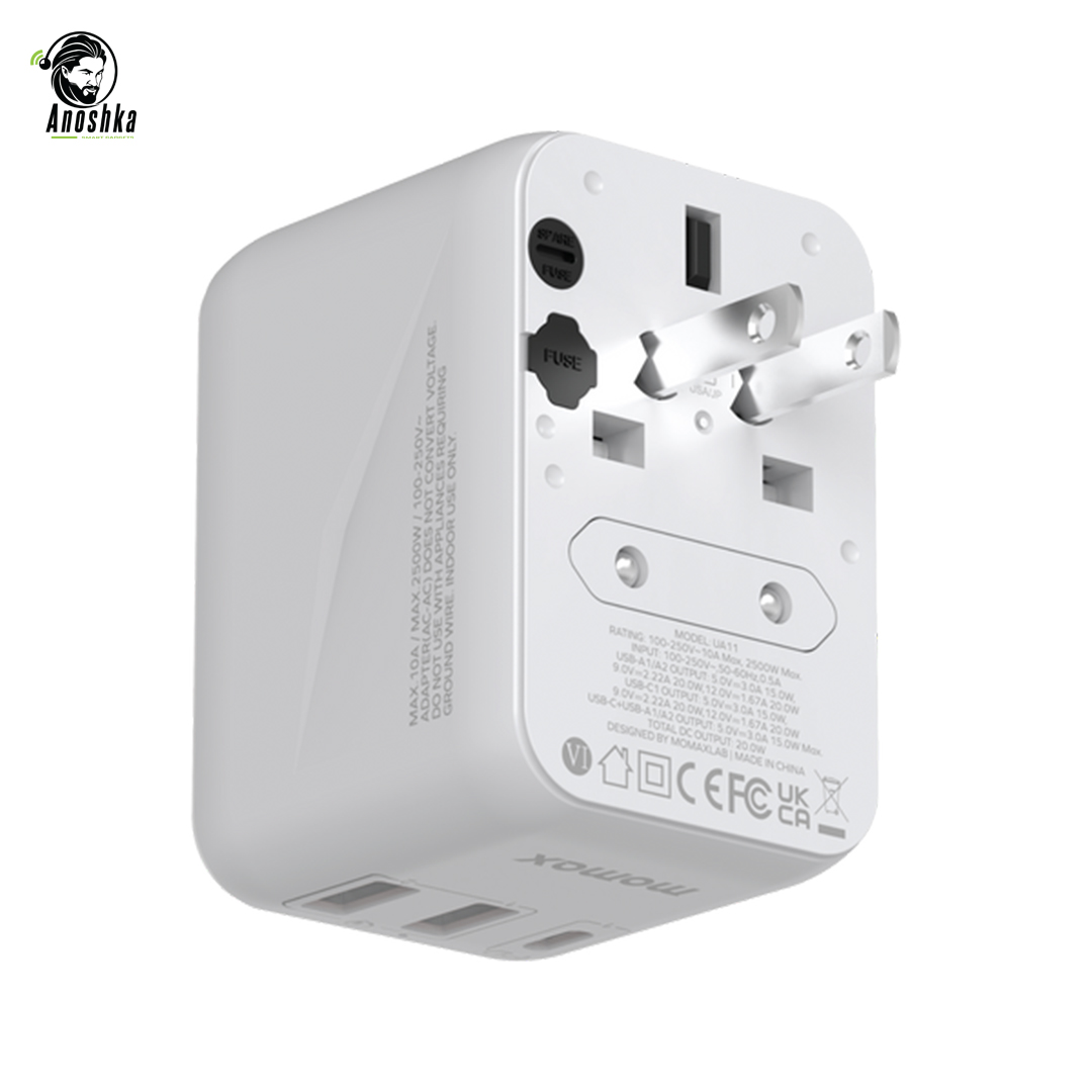 MOMAX 1-World 20W UA11 Universal Travel Adapter with USB-C and USB-A Ports