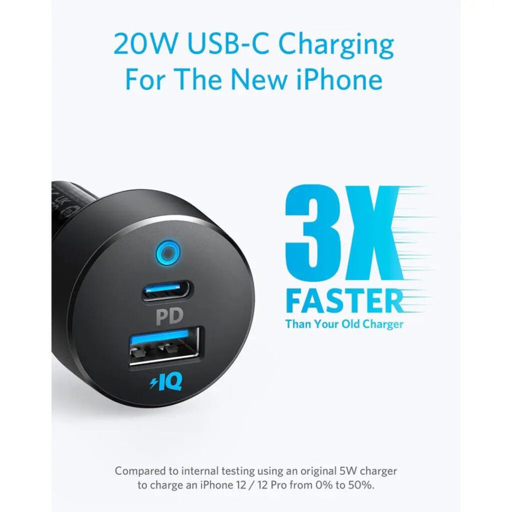 Anker PowerDrive PD+2 35W Dual-Port Fast Charging Car Charger with USB-C and USB-A Ports