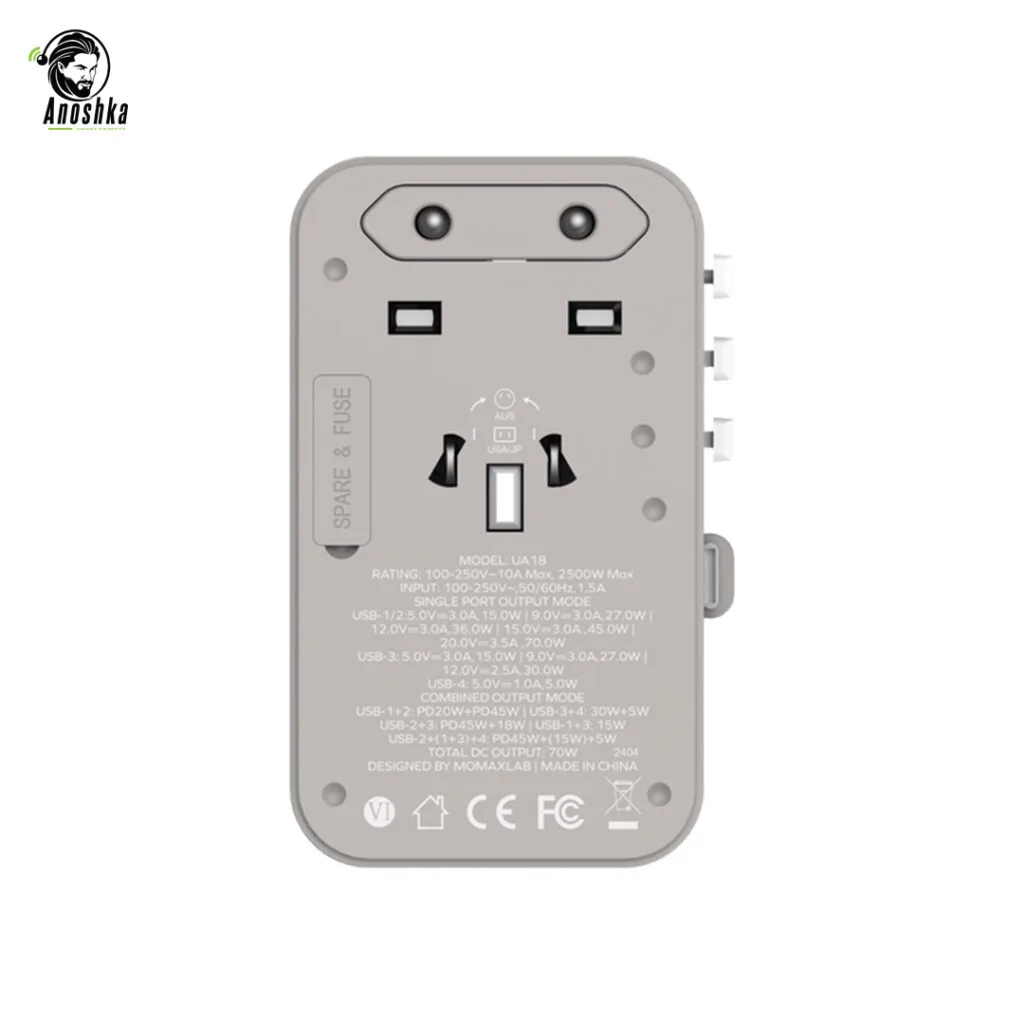 MOMAX 1-World 70W UA18E Universal GaN Fast Charging Travel Adapter