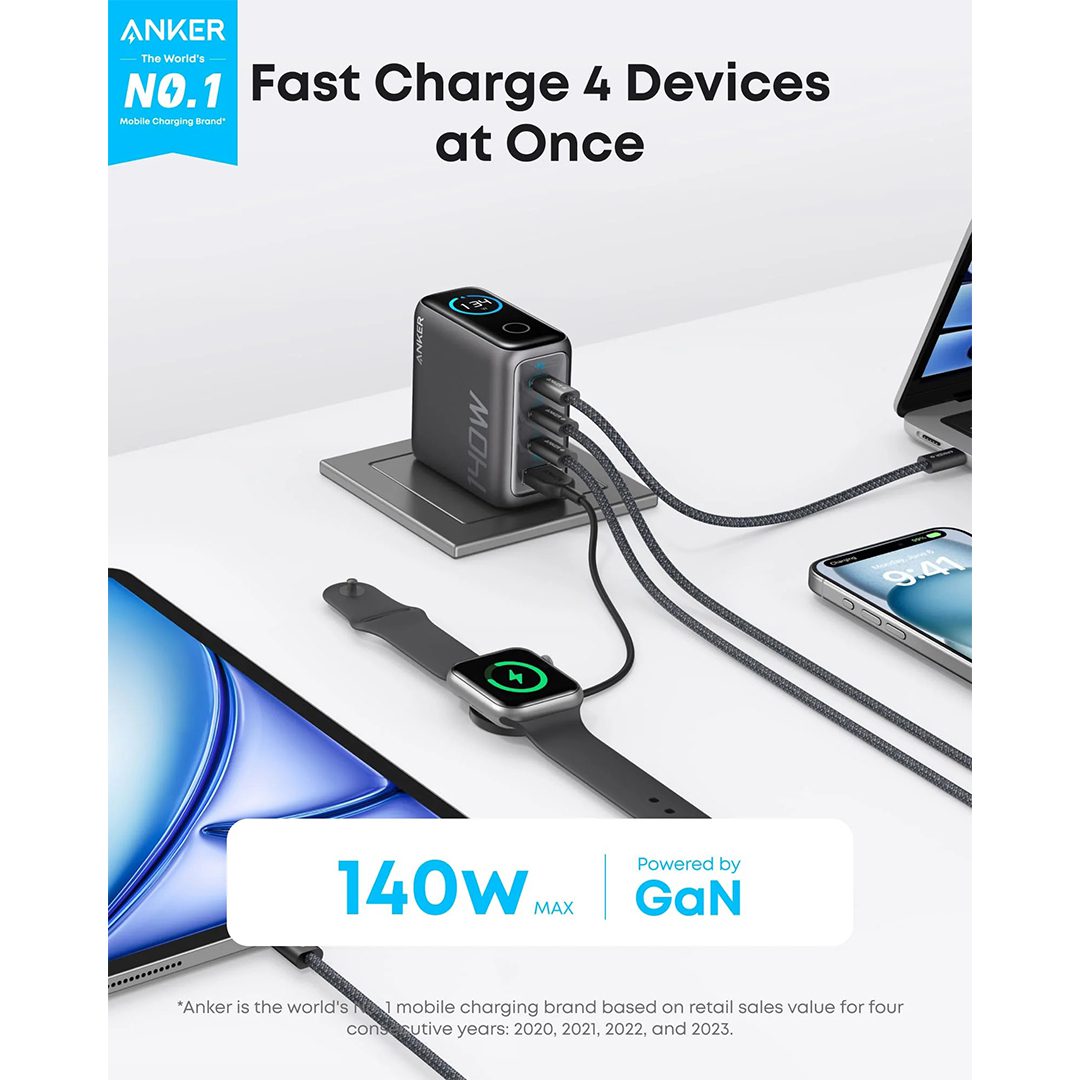 Anker Charger 140W 4-Port PD 3.1 with USB-C Cable β High-Speed GaN Power Adapter