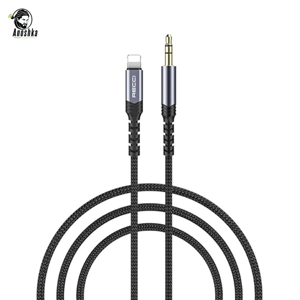 The RECCI RDS-A26 AUX Adapter connects 3.5mm audio devices to Lightning ports, delivering premium sound quality and durability for iPhone users.