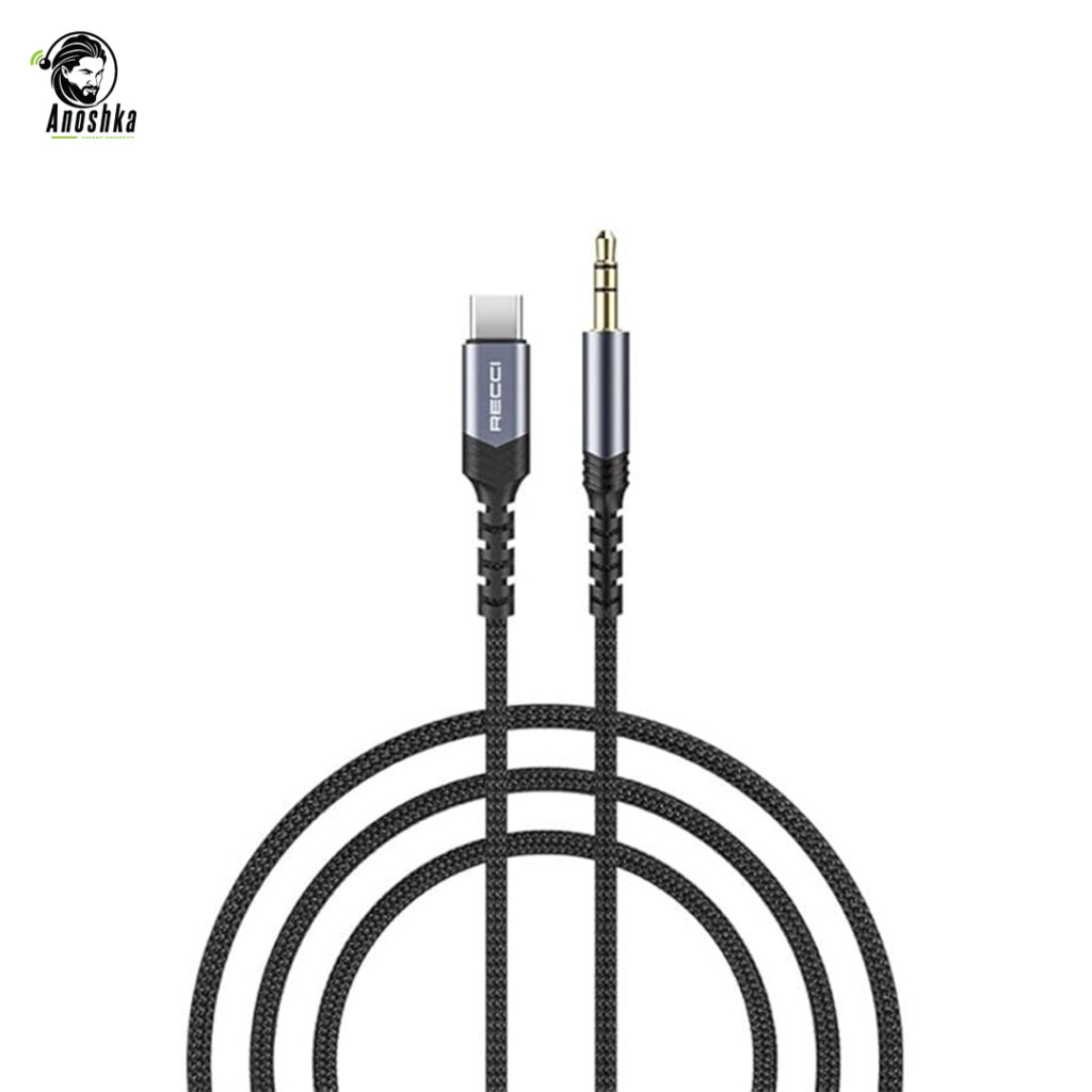The RECCI RDS-A27 AUX Type-C Adapter connects 3.5mm audio devices to Type-C smartphones or tablets, offering clear sound and durable performance.