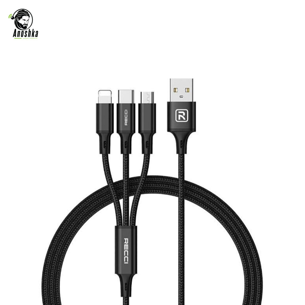 The RECCI RCS-D120 3-in-1 Cable features Lightning, Type-C, and Micro USB connectors for fast, reliable, and convenient charging with a durable braided design.