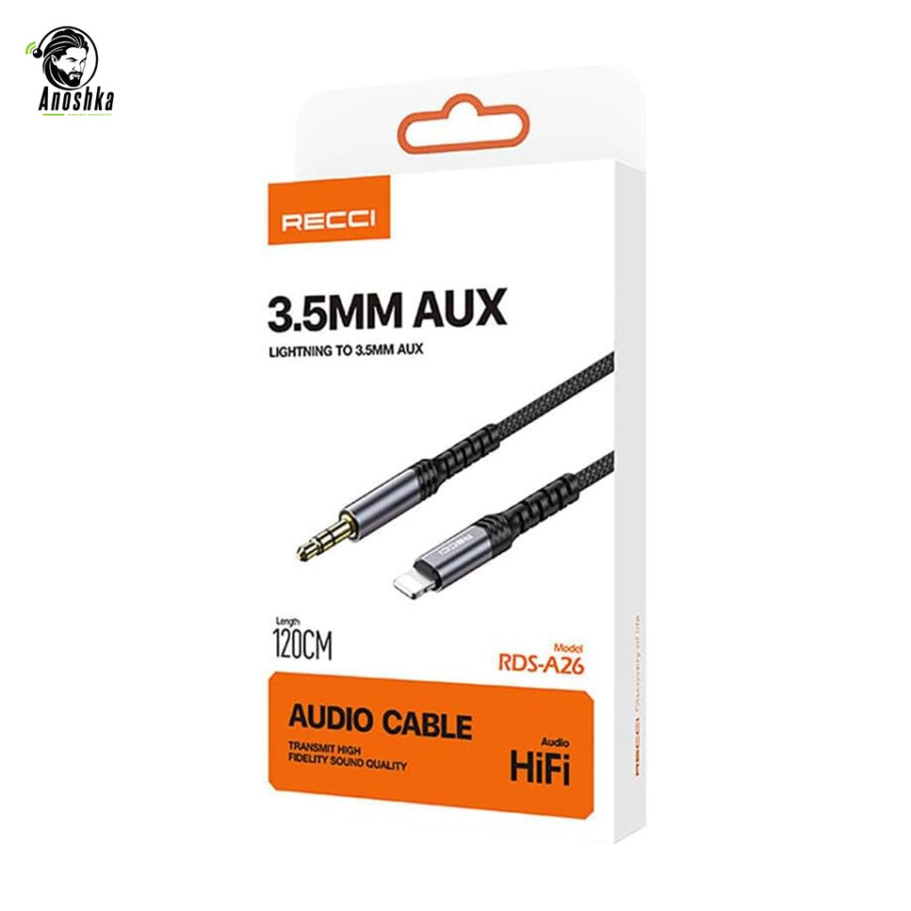 The RECCI RDS-A26 AUX Adapter connects 3.5mm audio devices to Lightning ports, delivering premium sound quality and durability for iPhone users.