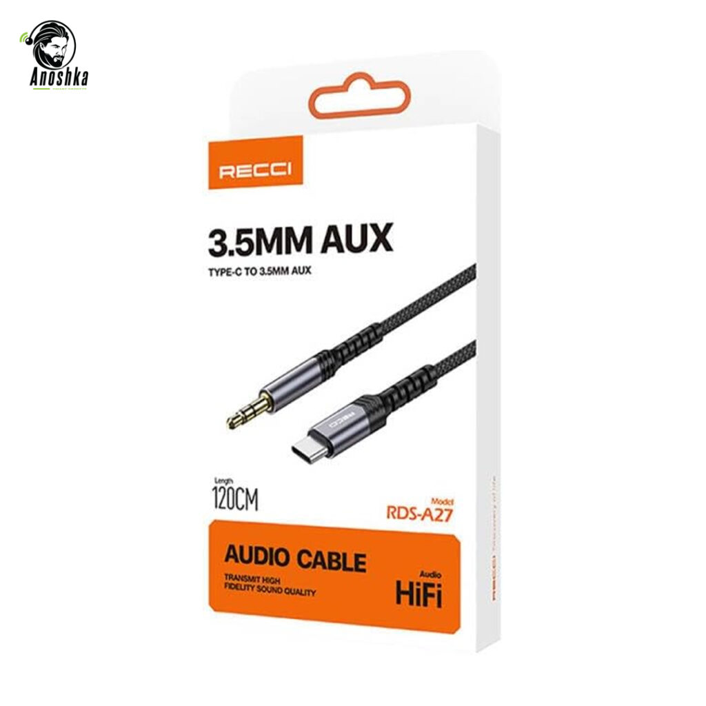 The RECCI RDS-A27 AUX Type-C Adapter connects 3.5mm audio devices to Type-C smartphones or tablets, offering clear sound and durable performance.
