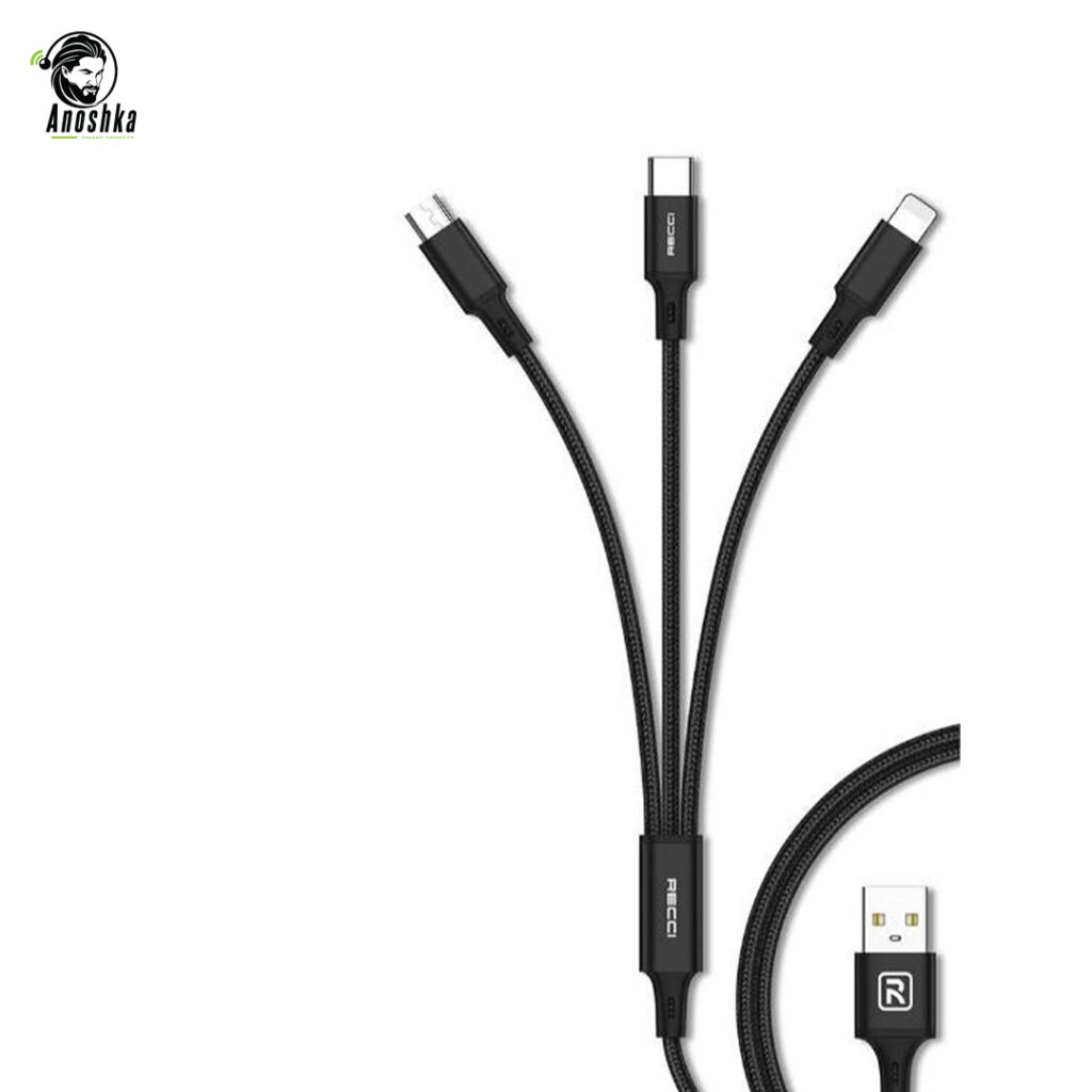 The RECCI RCS-D120 3-in-1 Cable features Lightning, Type-C, and Micro USB connectors for fast, reliable, and convenient charging with a durable braided design.