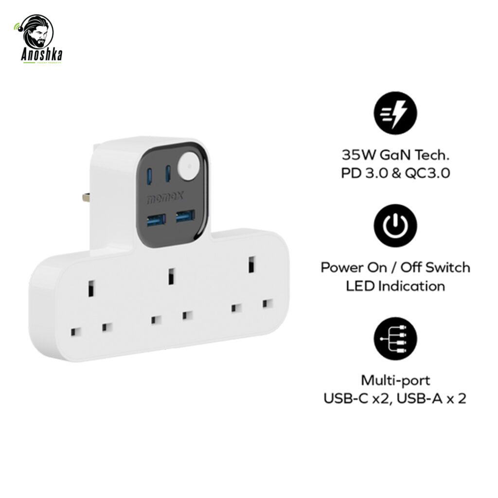 1-Charge Work Flow T-Shaped Extension Cord with 3 Sockets, 2 USB-A and 2 USB-C Ports