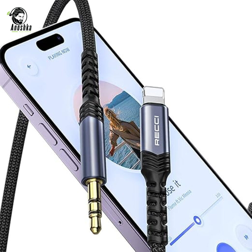 The RECCI RDS-A26 AUX Adapter connects 3.5mm audio devices to Lightning ports, delivering premium sound quality and durability for iPhone users.