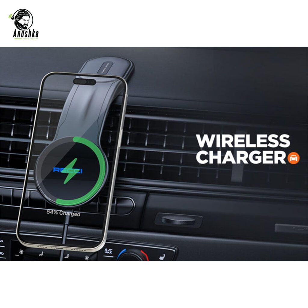 The RECCI RHO-C41 Car Wireless Charger offers 15W fast charging, smart auto-clamp technology, and 360° rotation — perfect for safe, hands-free use while driving.