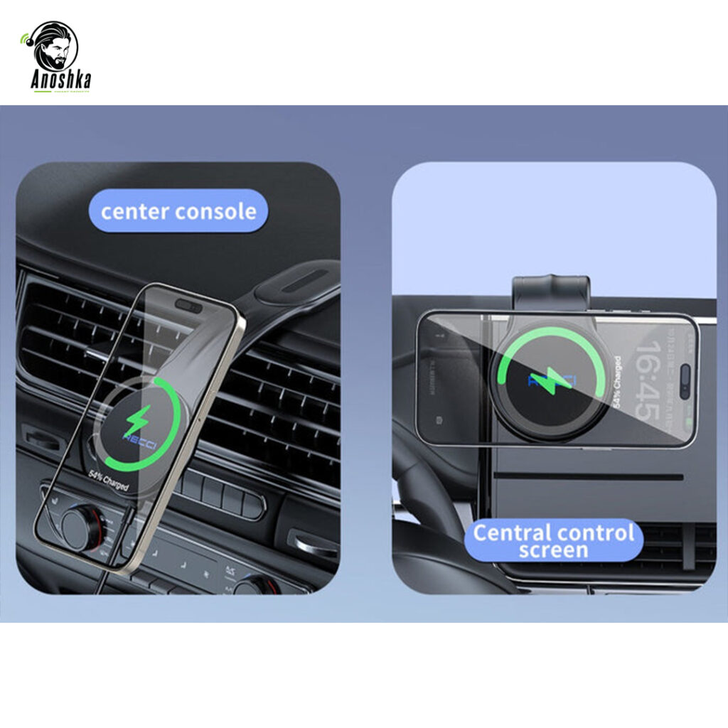 The RECCI RHO-C41 Car Wireless Charger offers 15W fast charging, smart auto-clamp technology, and 360° rotation — perfect for safe, hands-free use while driving.