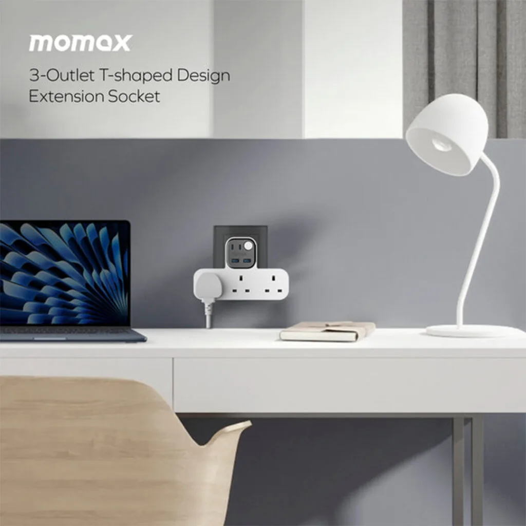 1-Charge Work Flow T-Shaped Extension Cord with 3 Sockets, 2 USB-A and 2 USB-C Ports