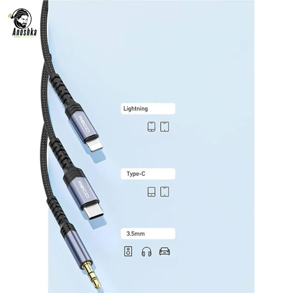 The RECCI RDS-A27 AUX Type-C Adapter connects 3.5mm audio devices to Type-C smartphones or tablets, offering clear sound and durable performance.