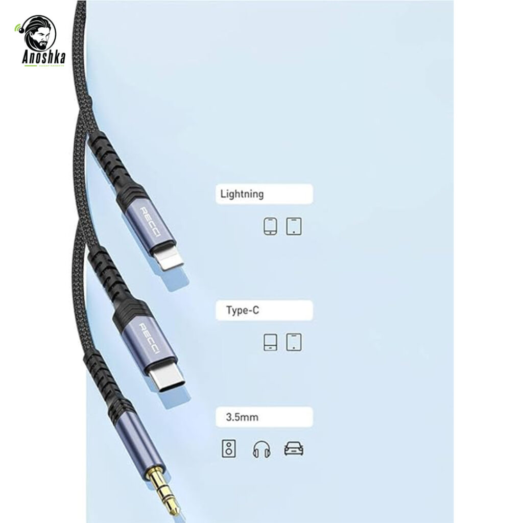 The RECCI RDS-A26 AUX Adapter connects 3.5mm audio devices to Lightning ports, delivering premium sound quality and durability for iPhone users.