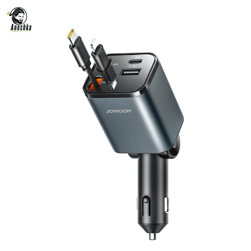 JOYROOM JR-CCL05 65W 4-in-1 Car Charger features dual USB-C and dual USB-A ports with GaN fast charging technology, allowing you to charge multiple devices at once safely and efficiently