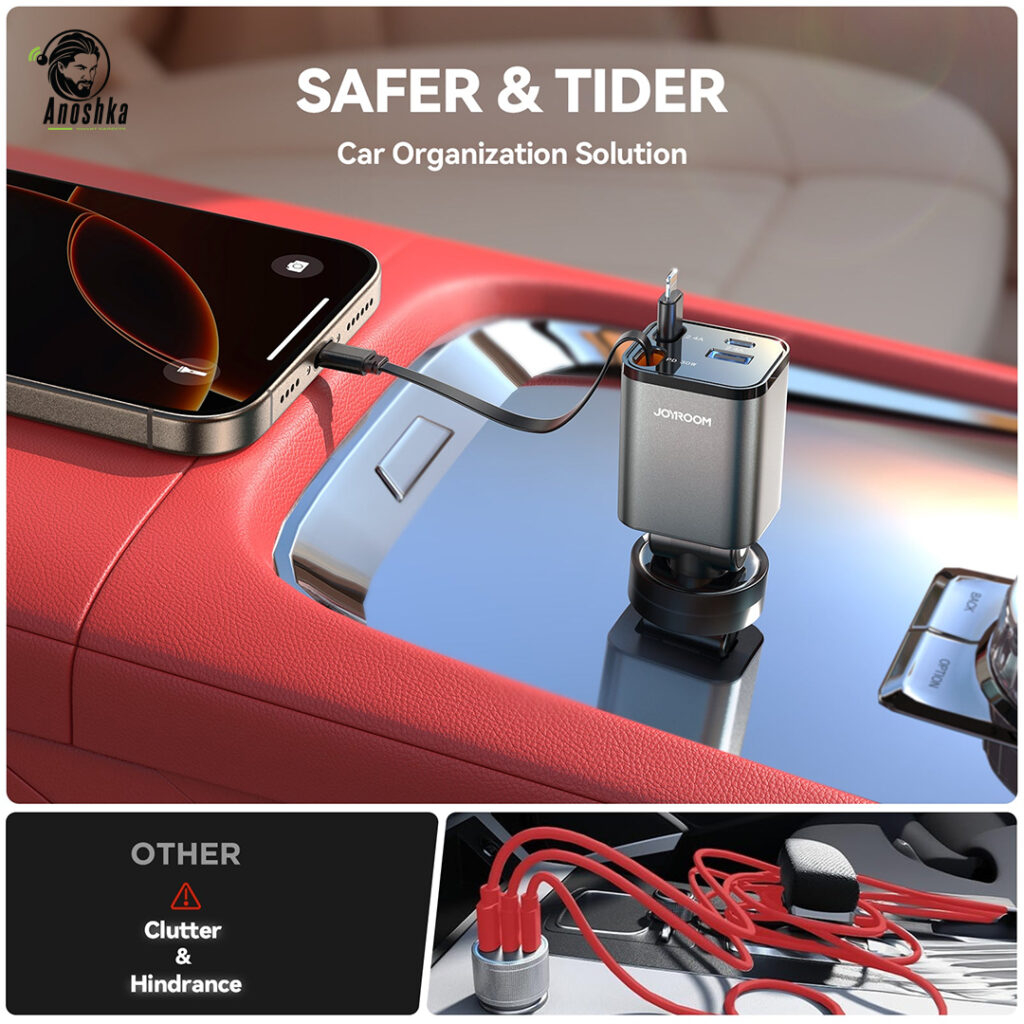 JOYROOM JR-CCL05 65W 4-in-1 Car Charger features dual USB-C and dual USB-A ports with GaN fast charging technology, allowing you to charge multiple devices at once safely and efficiently