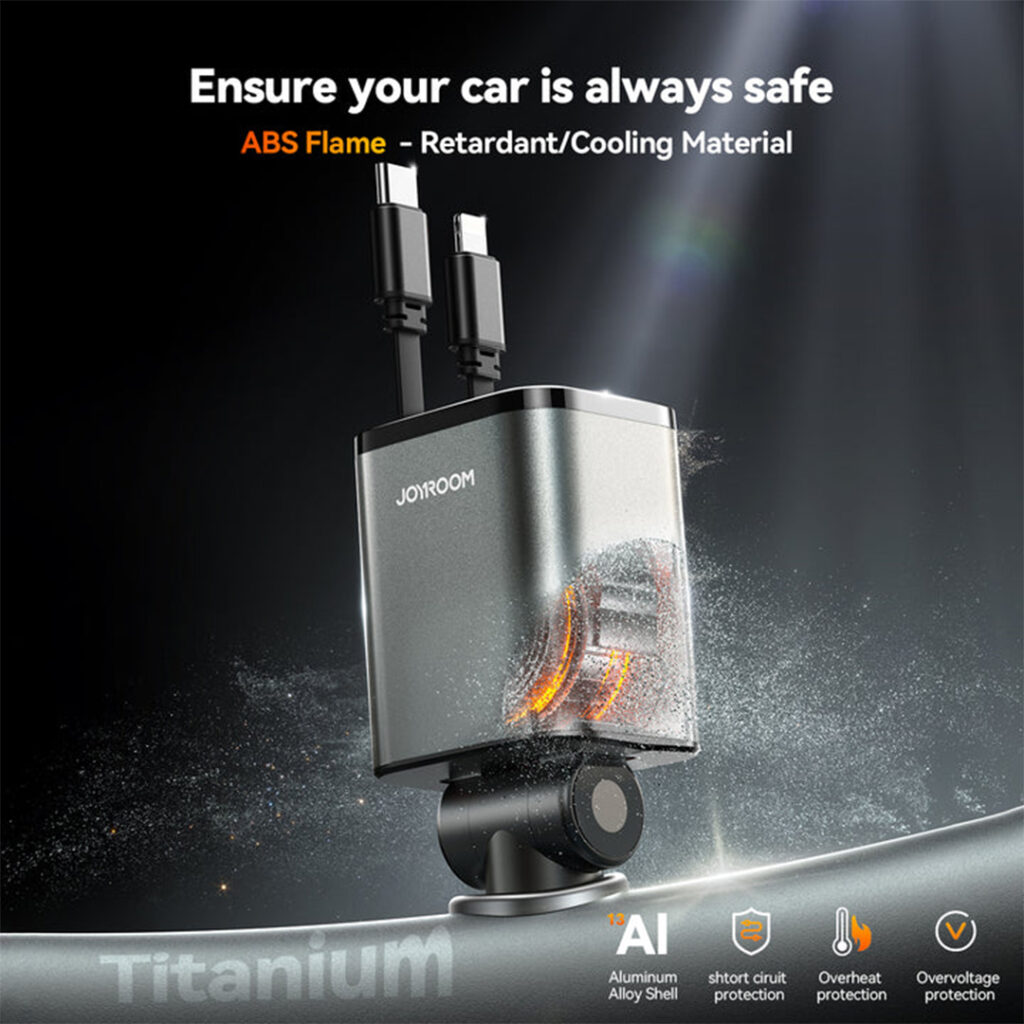 JOYROOM JR-CCL05 65W 4-in-1 Car Charger features dual USB-C and dual USB-A ports with GaN fast charging technology, allowing you to charge multiple devices at once safely and efficiently