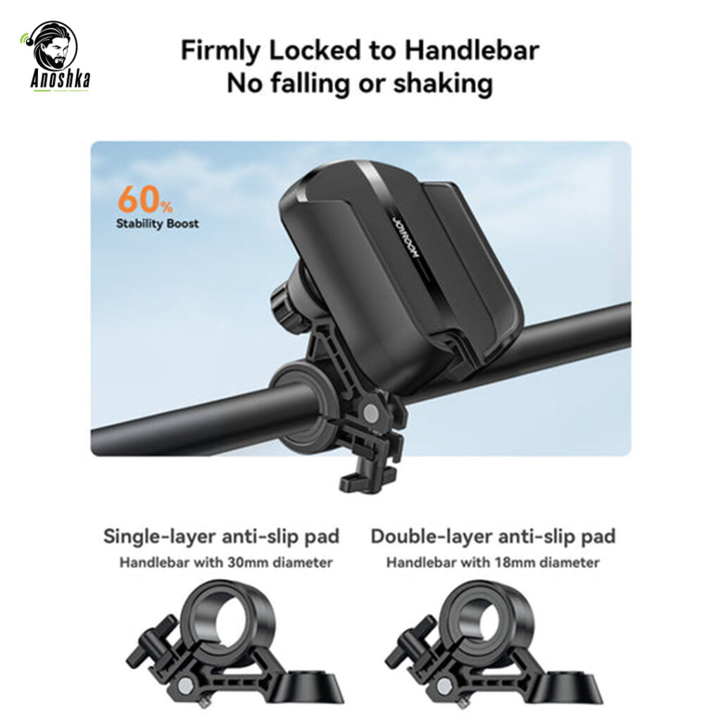 JOYROOM JR-ZS431 Bike Phone Mount provides a secure 4-claw grip, 360° rotation, and shockproof design — ensuring stable phone mounting for any bike or motorcycle.