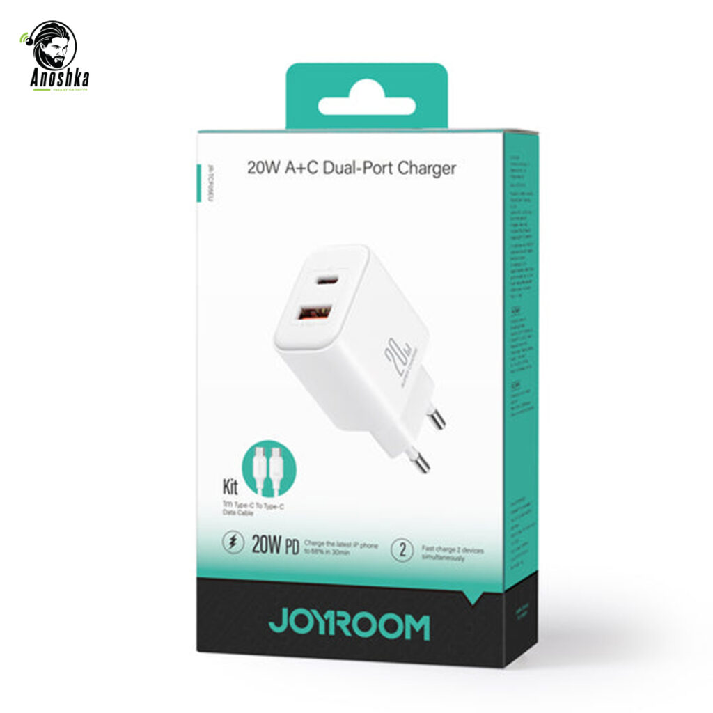 JOYROOM JR-TCF0EU Dual Port Fast Charger delivers 20W fast charging via USB-A and Type-C outputs, with smart protection and compact design for everyday use.
