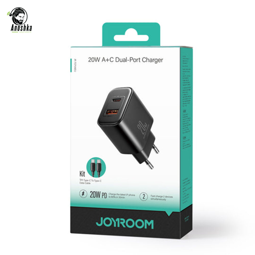 JOYROOM JR-TCF0EU Dual Port Fast Charger delivers 20W fast charging via USB-A and Type-C outputs, with smart protection and compact design for everyday use.