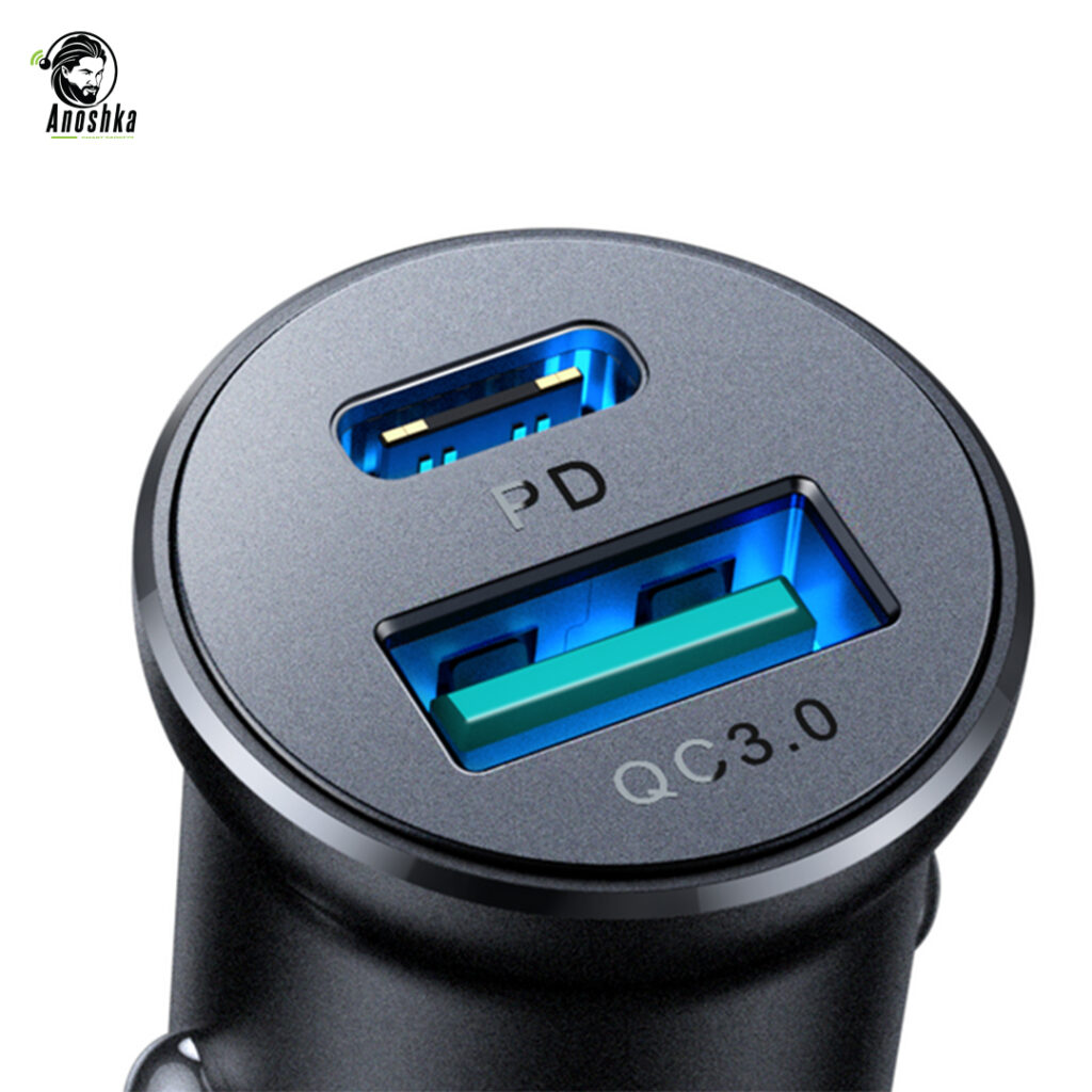 JOYROOM JR-CCN05 30W Car Charger offers fast and safe charging for two devices at once via USB-A and Type-C ports, with a durable metal design.
