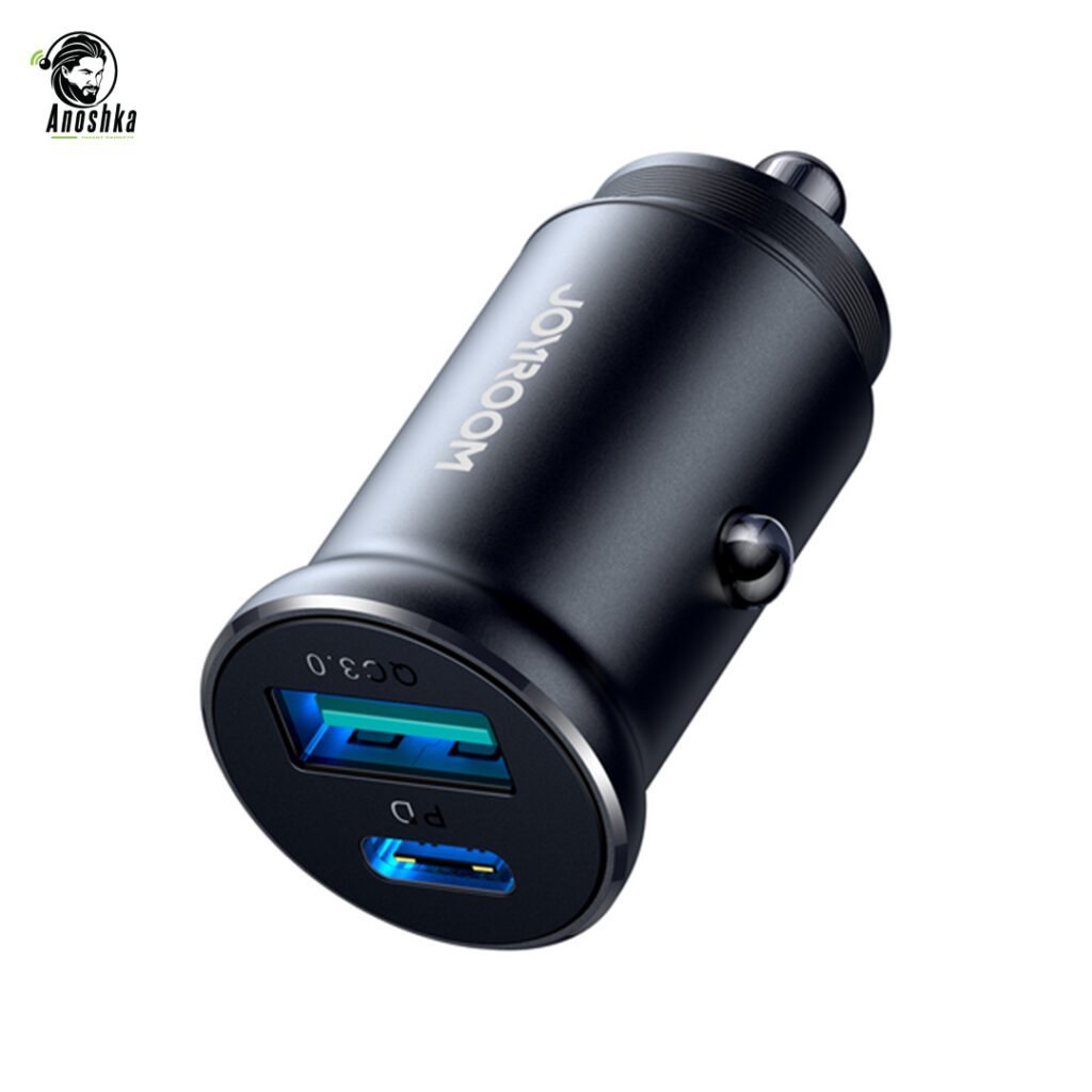 JOYROOM JR-CCN05 30W Car Charger offers fast and safe charging for two devices at once via USB-A and Type-C ports, with a durable metal design.