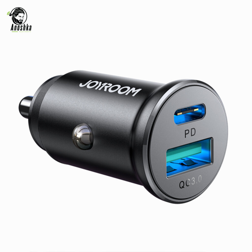 JOYROOM JR-CCN05 30W Car Charger offers fast and safe charging for two devices at once via USB-A and Type-C ports, with a durable metal design.