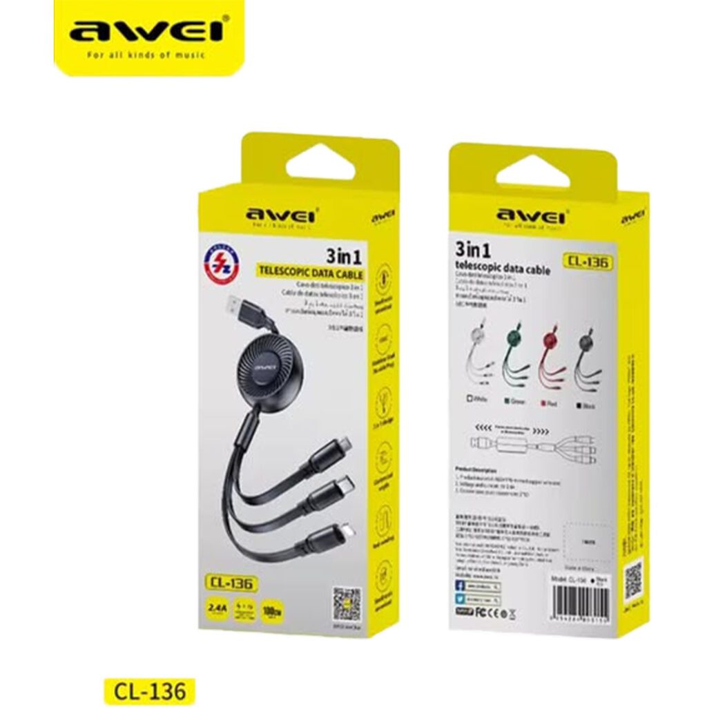 AWEI 3 in 1 Telescopic Data Cable CL-136 – Fast Charging Retractable Cable