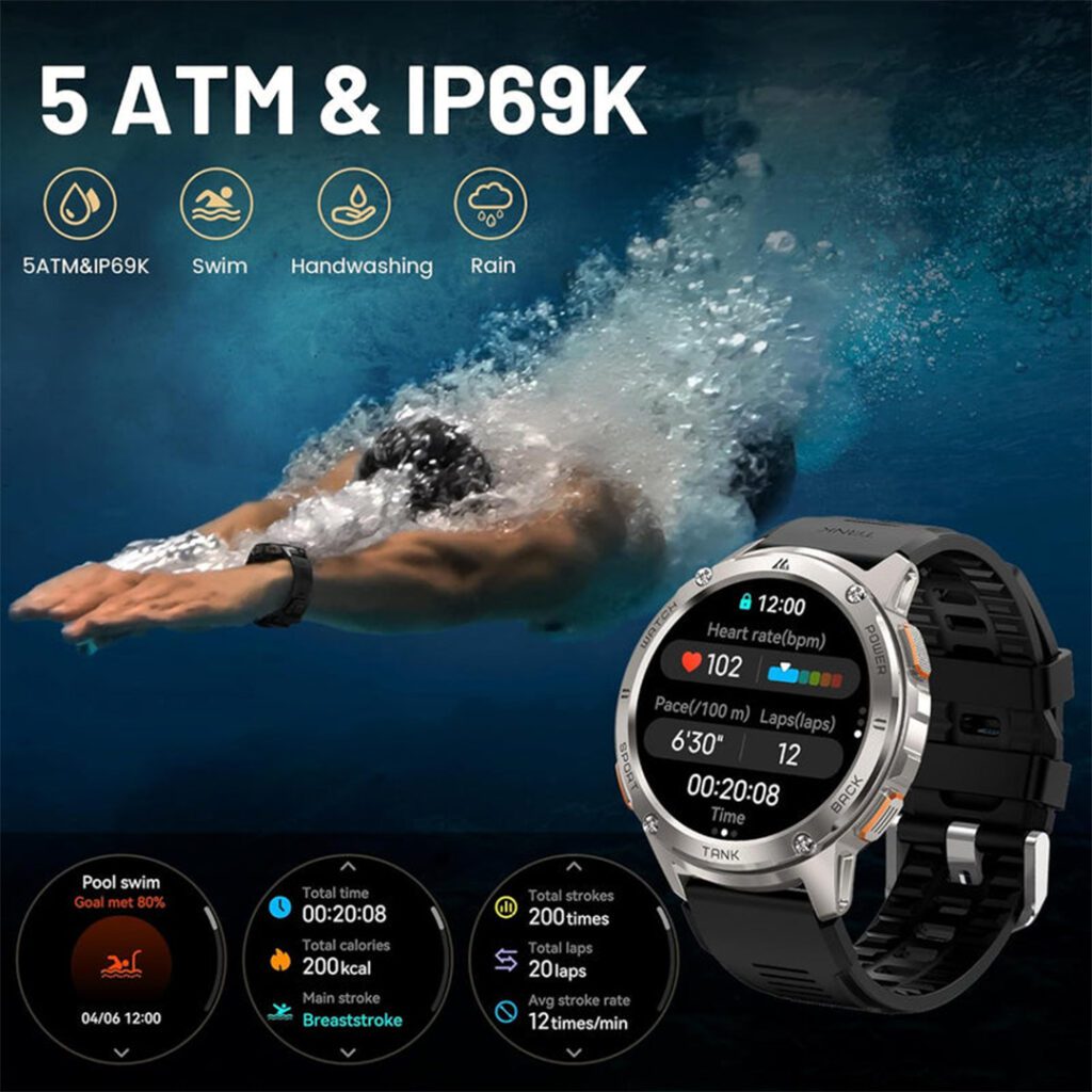 Kospet Tank T3 Smartwatch with military-grade rugged design and fitness tracking