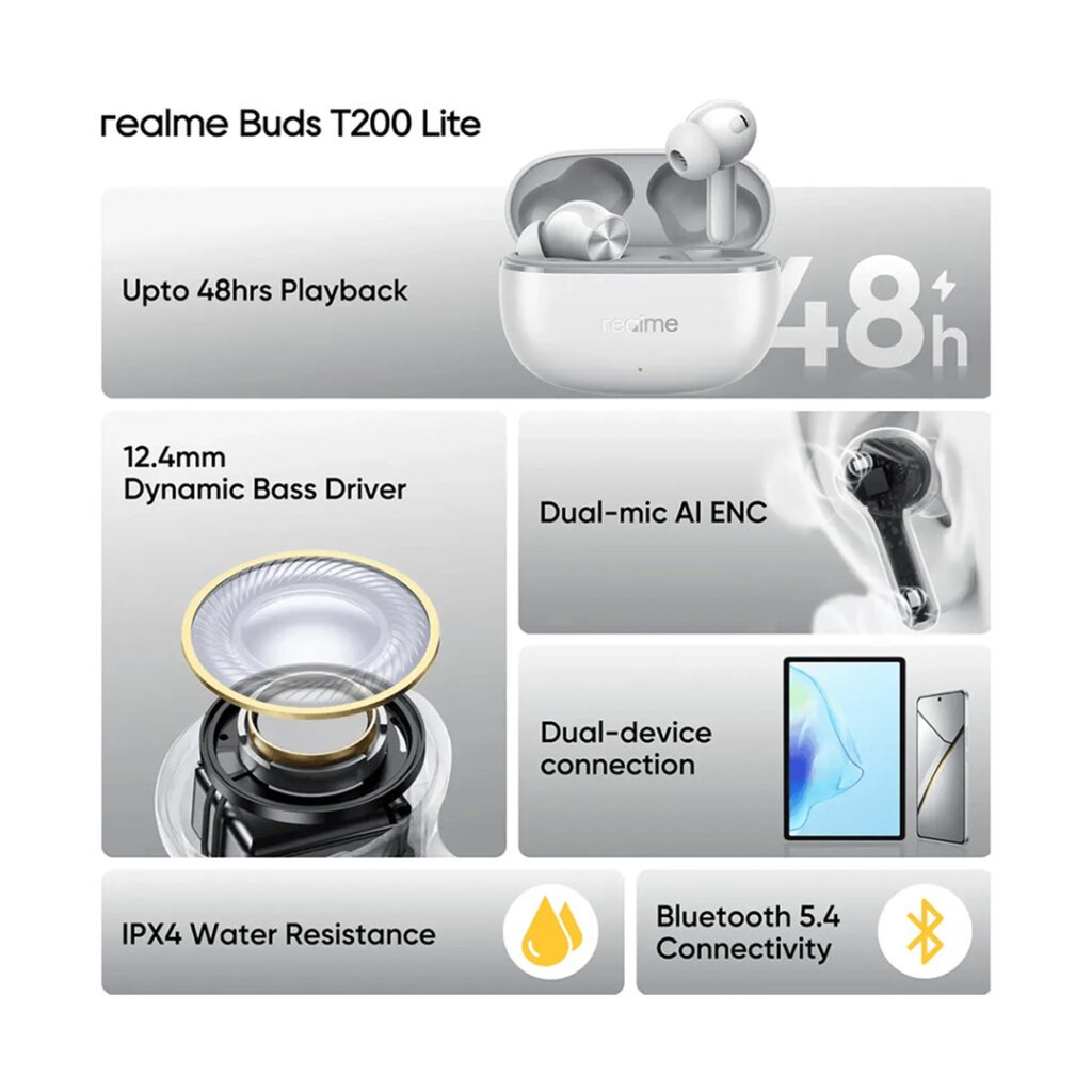 Realme Buds T200 Lite wireless earbuds with clear sound and long battery life