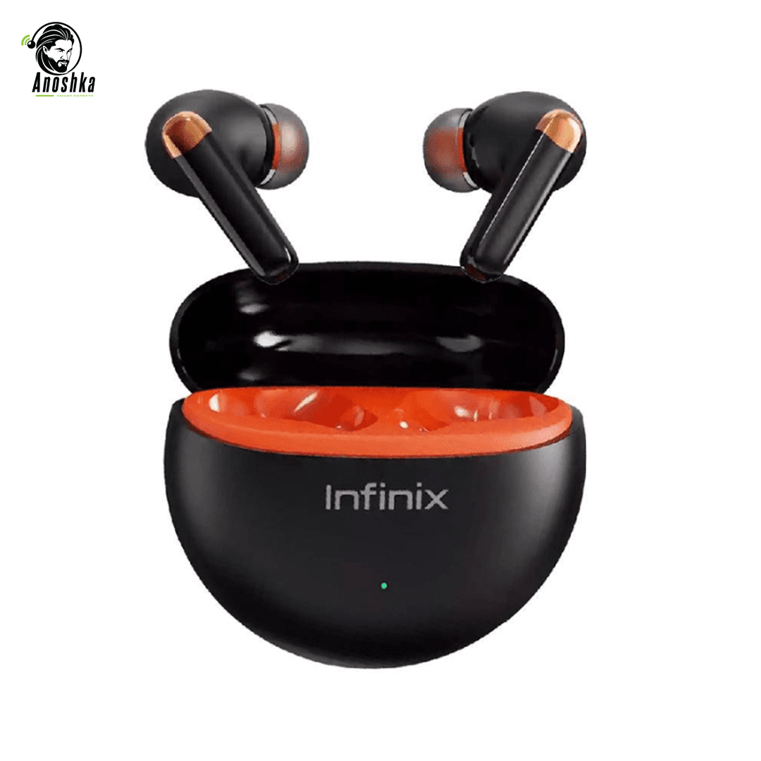 Infinix Buds Neo XE26 Black wireless earbuds with charging case