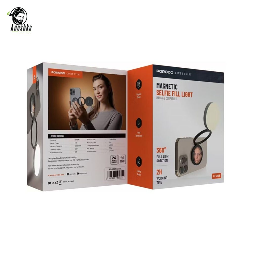 Porodo 360° rotatable foldable magnetic flip light with tricolor fill and mirror