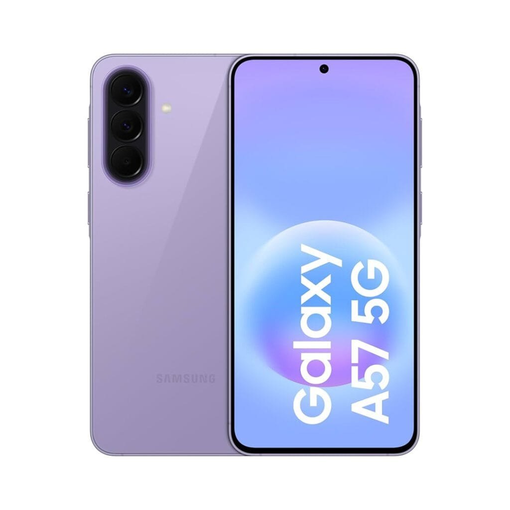 Samsung Galaxy A57 5G smartphone with 12GB RAM, 256GB storage, and 6.7-inch Super AMOLED display.