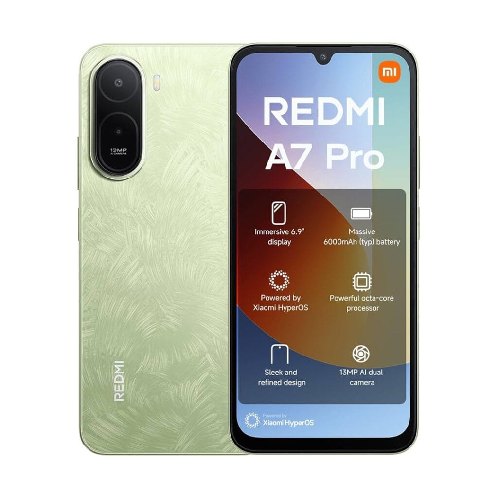 Xiaomi Redmi A7 Pro smartphone with 4GB RAM, 64GB/128GB storage, 120Hz display, and 6000mAh battery.