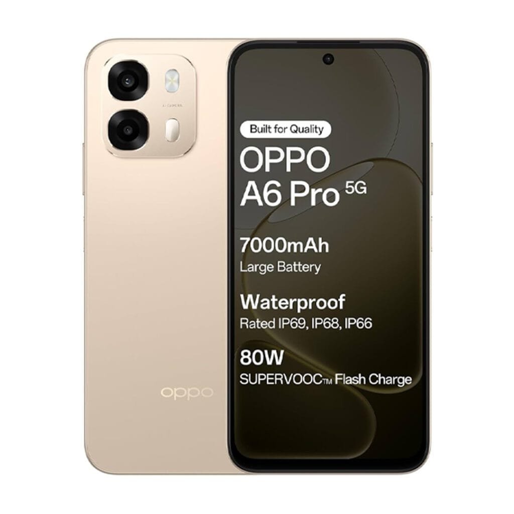OPPO A6 Pro 5G smartphone with 8GB RAM, 256GB storage, 120Hz AMOLED display, and 6500mAh battery.
