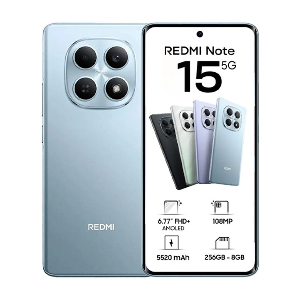 Xiaomi Redmi Note 15 5G smartphone with 8GB RAM, 256GB storage, 108MP AI camera, and 120Hz AMOLED display.